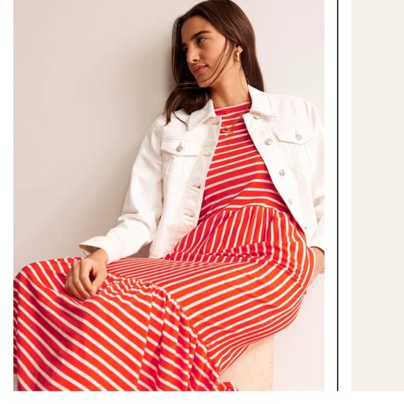 Boden Emma Tiered Jersey Midi T-Shirt Dress Red/Orange & White US 8 - Picture 4 of 9